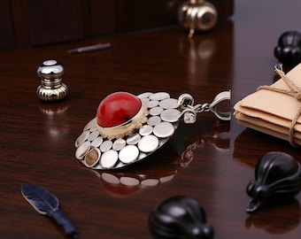 Handmade Coral Pendant Necklace – 925 Sterling Silver & Gold Accent, Boho Artisan Jewelry