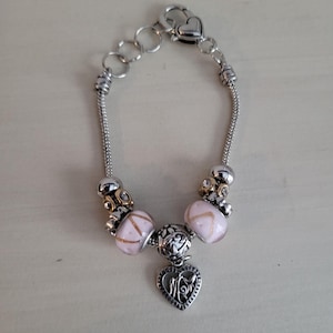 Pink Beaded Multitoned Bracelet, Chunky Silver Tone Charm Bracelet, Beaded Bracelet, Mom Bracelet