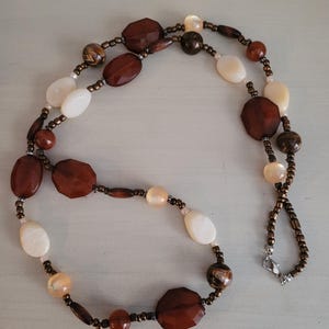 Long Beaded Necklace, Chunky Earth Tone Necklace, Stone Beaded Chunky Necklace, Brown Beige Bead Necklace