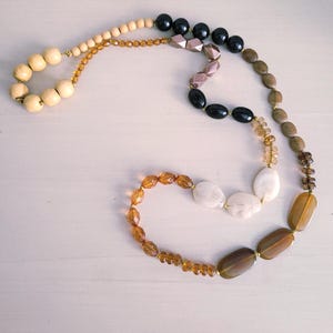Long Beaded Necklace, Chunky Earth Tone Necklace, Stone Beaded Chunky Necklace, Brown Beige Bead Necklace