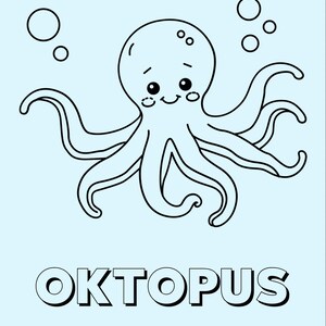 May include: A black and white cartoon illustration of an octopus with a smiling face and bubbles. The word "OKTOPUS" is written in bold letters below the octopus. The background is light blue with a wavy border.