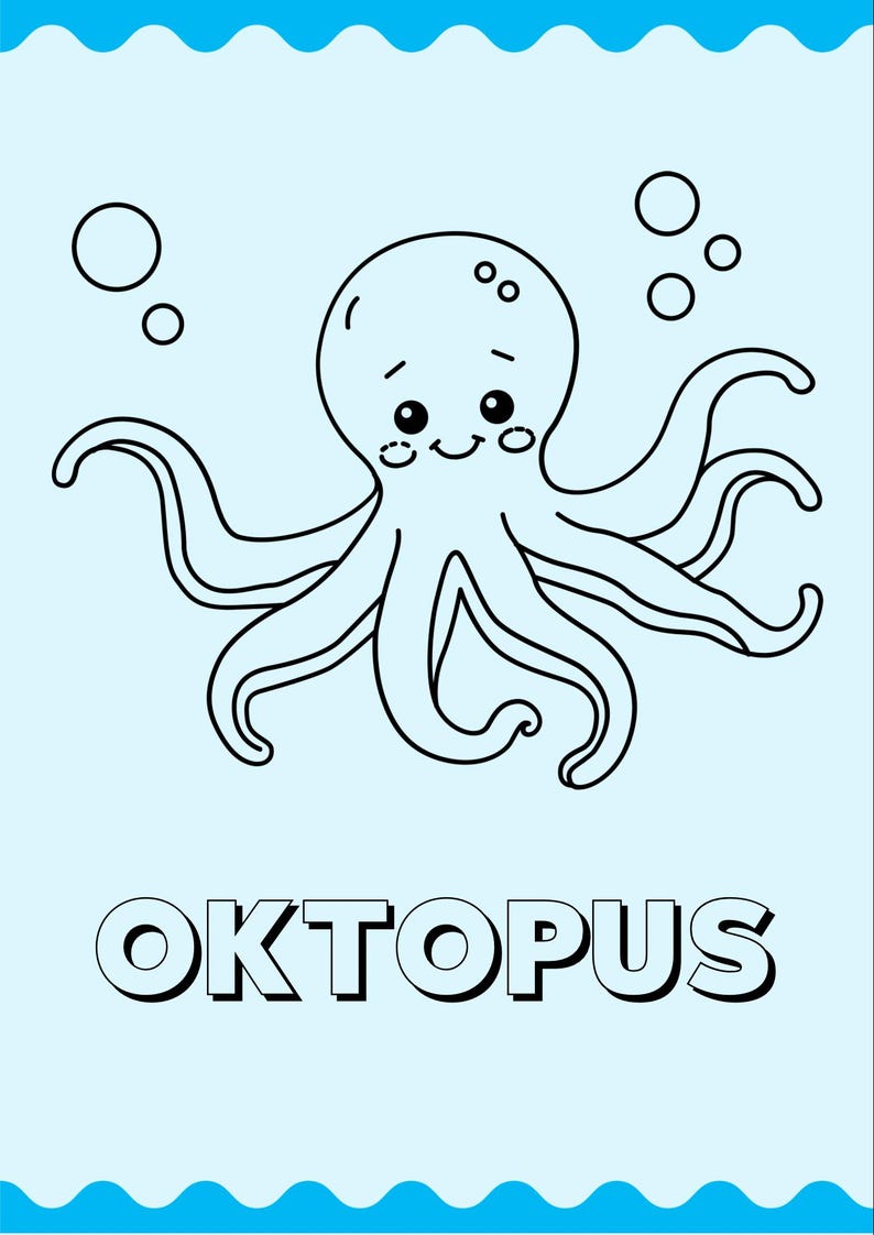 May include: A black and white cartoon illustration of an octopus with a smiling face and bubbles. The word "OKTOPUS" is written in bold letters below the octopus. The background is light blue with a wavy border.