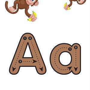 May include: Educational illustration featuring two brown monkeys holding bananas, hanging from green vines. The uppercase and lowercase letter "A" are shown in brown with numbered tracing guides. The text "Af-fe" is at the bottom.