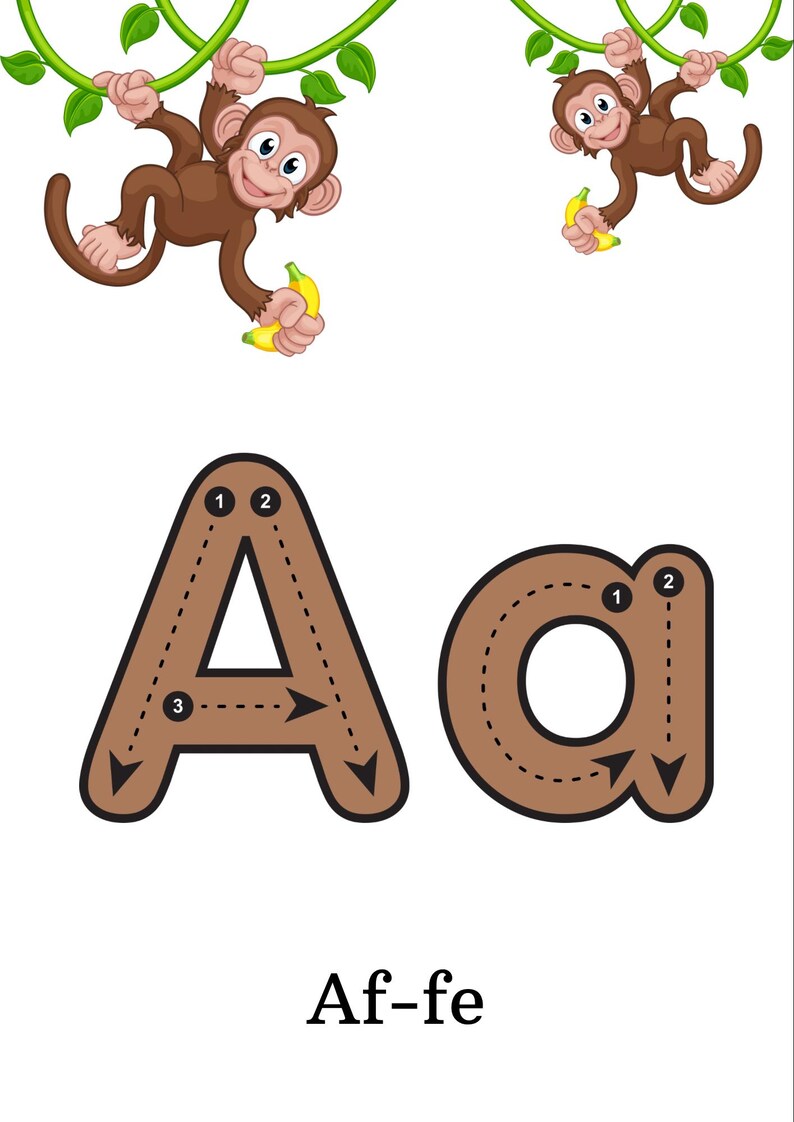 May include: Educational illustration featuring two brown monkeys holding bananas, hanging from green vines. The uppercase and lowercase letter "A" are shown in brown with numbered tracing guides. The text "Af-fe" is at the bottom.