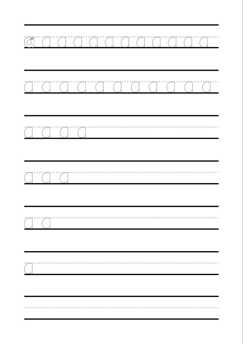 May include: A white worksheet with horizontal black lines and dotted letter guides. The letter "a" is printed in dotted lines and solid lines for handwriting practice. The worksheet is designed for learning the alphabet.