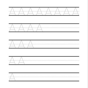 May include: A white worksheet with the letter "A" at the top, followed by dotted-line letter "A" practice rows. The worksheet has horizontal black lines for writing practice. The letter "A" is in a sans-serif font.