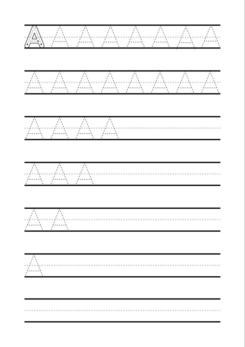 May include: A white worksheet with the letter "A" at the top, followed by dotted-line letter "A" practice rows. The worksheet has horizontal black lines for writing practice. The letter "A" is in a sans-serif font.
