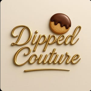 May include: A gold-colored, 3D-rendered logo with the words "Dipped Couture" in a flowing script. A single, round cookie with a chocolate-covered top is positioned above the text. The background is a light beige color.
