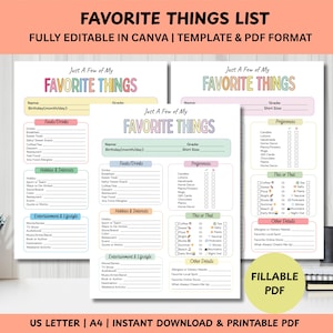 May include: A printable PDF template titled "Favorite Things List" with sections for personal details, food, hobbies, and preferences. The template is fully editable in Canva and available for instant download.
