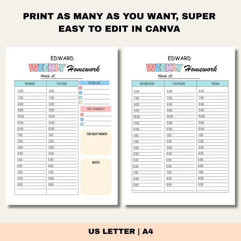 Printable Homework Planner: Student Assignment Tracker (PDF Template ...
