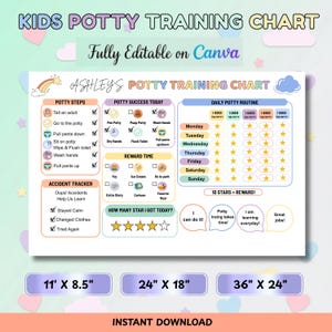 May include: A printable kids potty training chart with a pastel color scheme. The chart includes sections for potty steps, daily routines, and reward time. Available in 11" x 8.5", 24" x 18", and 36" x 24" sizes.