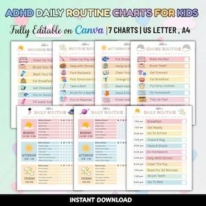 May include: A set of seven printable ADHD daily routine charts for kids, featuring colorful pastel designs, icons, and text. The charts include morning, bedtime, afternoon, and chore routines with checkboxes, available in US Letter and A4 sizes.