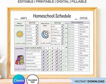 Editable Kids Homeschool Schedule, Printable Homeschool Checklist, Kids Homeschool Planner, Homeschool Routine, School day Routine Template