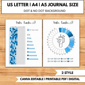 Könnte beinhalten: Zwei Wasser-Tracker-Journalseiten mit blau-weißen Designs. Eine Seite zeigt ein Raster zur täglichen Verfolgung, die andere ein kreisförmiges Design. Der Text enthält "Water tracker", "US LETTER | A4 | A5 JOURNAL SIZE" und "CANVA EDITABLE | PRINTABLE PDF | DIGITAL".