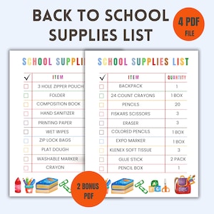 Puede incluir: Una colorida lista de útiles escolares para el regreso a clases, con artículos como una mochila, crayones, lápices y tijeras. La lista incluye una cantidad para cada artículo. La imagen también incluye el texto "Back to School Supplies List" y "4 PDF File".
