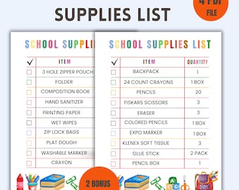 School Supply List | Back to School Supply List | Elementary School Supply List | Printable Kids School Supplies List | Backpack Checklist