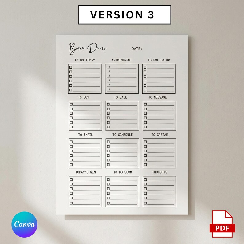 Editable ADHD Brain Dump, Printable Task List Template,  ADHD Daily Planner, Guided Planning Worksheets, Mind Clarity Sheet, Idea Organizer, adhd brain dump, adhd daily planner,  adhd planner, brain dump template, brain dump, brain dump planner, brain dump printable, task list, thought organizer, adult adhd planner, to do checklist