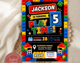 Building Blocks Birthday Invitation, Bricks Invite, Kids Building Blocks Party Printable Invitation,  Construction Theme Party Invite Canva