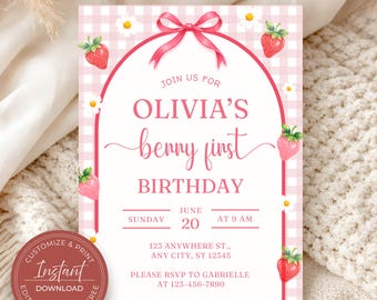Editable Berry First Birthday Invitation Template, Strawberry First Birthday Girl Invitation, Pritntable Photo 1st Birthday Party Invitation