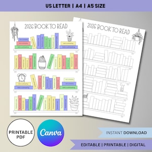 Könnte beinhalten: Zwei druckbare PDF-Seiten mit einem Bücherregal-Design zum Verfolgen von Büchern, die 2026 gelesen werden sollen. Eine Seite ist farbig, die andere schwarz-weiß. Die Farbseite hat ein Canva-Logo und den Text "2026 Book to Read".