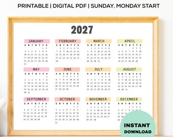 Calendário anual de 2027 em uma única página, Calendário anual de 2027 para imprimir, Calendário anual de 2027, Calendário de parede de 2027, PDF