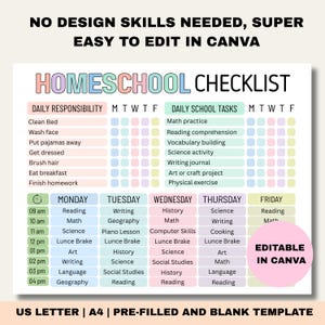 Editable Homeschool Schedule for Kids and Teens, Printable Homeschool Checklist Template, Daily Routine Chart, Homeschooling Reward Planner,Editable Homeschool Checklist, Printable, Digital, Homeschool Planner, Daily Schedule for Kids, Schoolday Routine, Student Template, PDF, Homeschool Checklist, Editable Homeschool Planner, Daily Schedule for Kids,  School Routine Printable, Daily Homeschool Checklist, Printable Homeschool Checklist Template, Homeschooling Planner, Editable in Canva