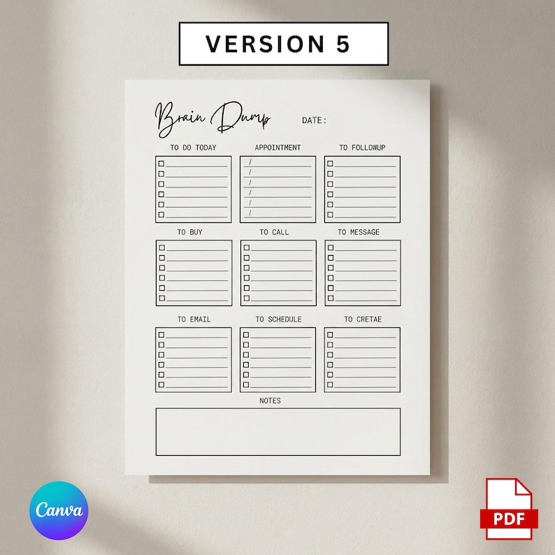 Editable ADHD Brain Dump, Printable Task List Template,  ADHD Daily Planner, Guided Planning Worksheets, Mind Clarity Sheet, Idea Organizer, adhd brain dump, adhd daily planner,  adhd planner, brain dump template, brain dump, brain dump planner, brain dump printable, task list, thought organizer, adult adhd planner, to do checklist