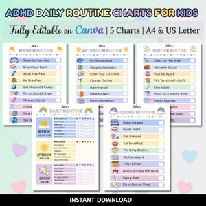 Puede incluir: Gráficos de rutina diaria para niños con TDAH, totalmente editables en Canva. Incluye 5 gráficos en tamaños A4 y US Letter. Los gráficos incluyen rutinas de mañana, tarde, hora de acostarse, diarias y de tareas. Cada gráfico tiene un formato de lista de verificación.