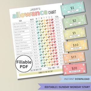 May include: A colorful allowance chart with a fillable PDF option, featuring tasks, values, and check boxes for each day of the week. Includes printable play money in denominations of $1, $2, $5, $10, $15, and $20. The chart is designed for children.