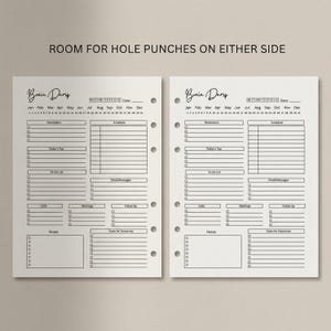 May include: Two white planner pages with black text and lines, featuring the header Brain Dump, a calendar, and sections for reminders, schedule, to-do list, calls, meetings, follow up, notes, and tasks for tomorrow, with hole punches.