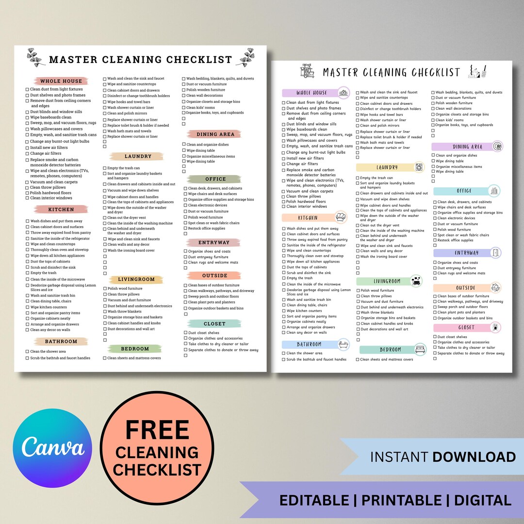 Printable Master Cleaning Checklist, Home Cleaning Schedule, Deep ...