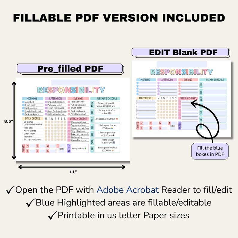 Fillable Responsibility Chart Kids Chore Chart: Editable Responsibility Checklist (fillable PDF ...