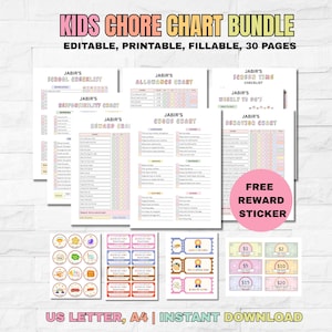 Puede incluir: Un paquete de gráficos de tareas imprimibles y sistemas de recompensas para niños. El conjunto incluye listas de verificación para la escuela, la asignación, el tiempo de pantalla y el comportamiento, junto con pegatinas de recompensa y dinero imprimible. El texto dice "KIDS CHORE CHART BUNDLE".