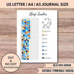 May include: A printable sleep tracker page featuring a grid for 31 days and 12 months. The design includes a moon and stars graphic, a color-coded legend for sleep duration from 3 hours or less to 10 hours or more, and text indicating US Letter, A4, and A5 sizes.