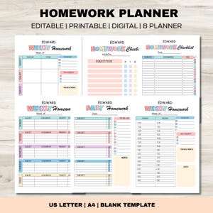 May include: A printable homework planner with various templates, including weekly and daily schedules. The planner features pastel color blocks for subjects, assignments, and to-do lists. Text on the planner includes "Homework Planner," "Editable," and "Blank Template."