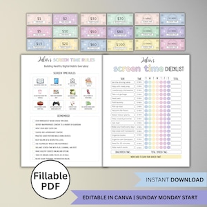 May include: A printable screen time management set featuring colourful play money tokens, a rules sheet titled Jabir's Screen Time Rules with icons and guidelines, and a weekly checklist titled Jabir's Screen Time Checklist for tracking daily tasks.