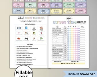 Editable Screen Time Checklist For Kids, Screen Time Reward Chart, Summer Screen Time Tracker & Screentime Rules, Daily Screen Time Schedule