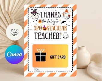 May include: A Halloween-themed gift card with orange and white diagonal stripes. The card reads "THANKS for being a SPOOKTACULAR TEACHER!" and includes a gift card area. The card size is 12.7cm x 17.8cm.