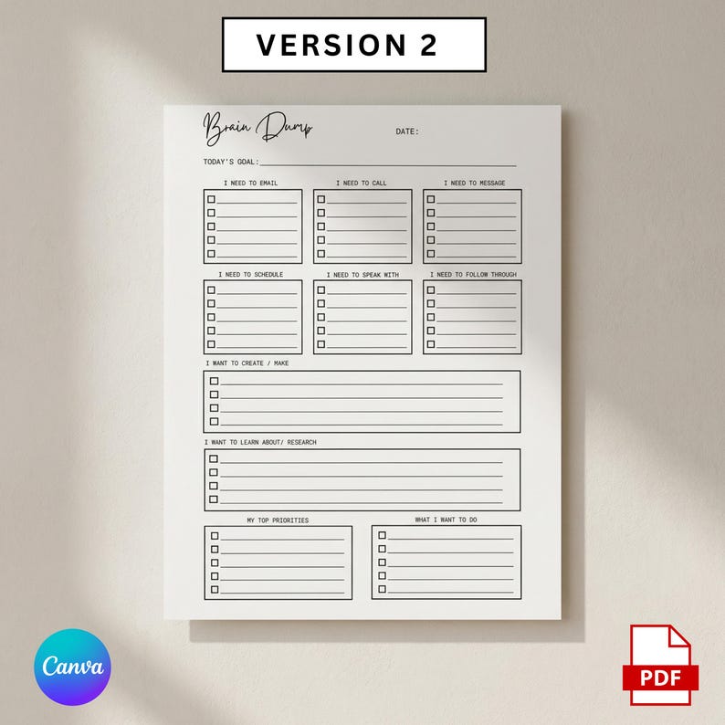 Editable ADHD Brain Dump, Printable Task List Template,  ADHD Daily Planner, Guided Planning Worksheets, Mind Clarity Sheet, Idea Organizer, adhd brain dump, adhd daily planner,  adhd planner, brain dump template, brain dump, brain dump planner, brain dump printable, task list, thought organizer, adult adhd planner, to do checklist
