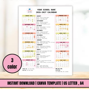 Editable 2026-2027 School Year Calendar Template Flyer, Year at a Glance Schedule for Day Care, PTA PTO Club Planner, Event Schedule Planner