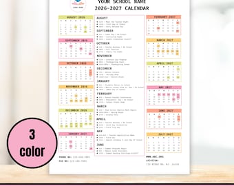 Editable 2026-2027 School Year Calendar Template Flyer, Year at a Glance Schedule for Day Care, PTA PTO Club Planner, Event Schedule Planner