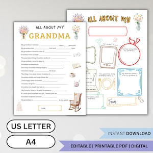Op de afbeelding: Twee printbare activiteitenbladen getiteld All About My Grandma met invullijnen, aquarelillustraties van bloemen, een schommelstoel en keukengerei. De pagina's bevatten secties voor tekeningen, persoonlijke notities en een handtekeningvak.