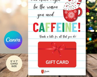 Printable Holiday Teacher Coffee Gift Card Holder | Teacher Appreciation Gift Card Holder PTO PTA | Editable Thank you Appreciate Gift Card