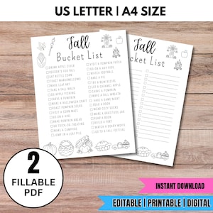 May include: Two printable Fall Bucket List sheets with seasonal activities, including apple cider, pumpkin picking, and making a fall wreath. The sheets are labeled "US LETTER | A4 SIZE" and "FILLABLE PDF".