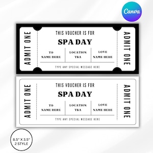 May include: Two spa day vouchers, one black and one white, with the text "This Voucher Is For Spa Day." Each voucher has space for recipient, location, and a message. Dimensions are 8.5" x 3.5".