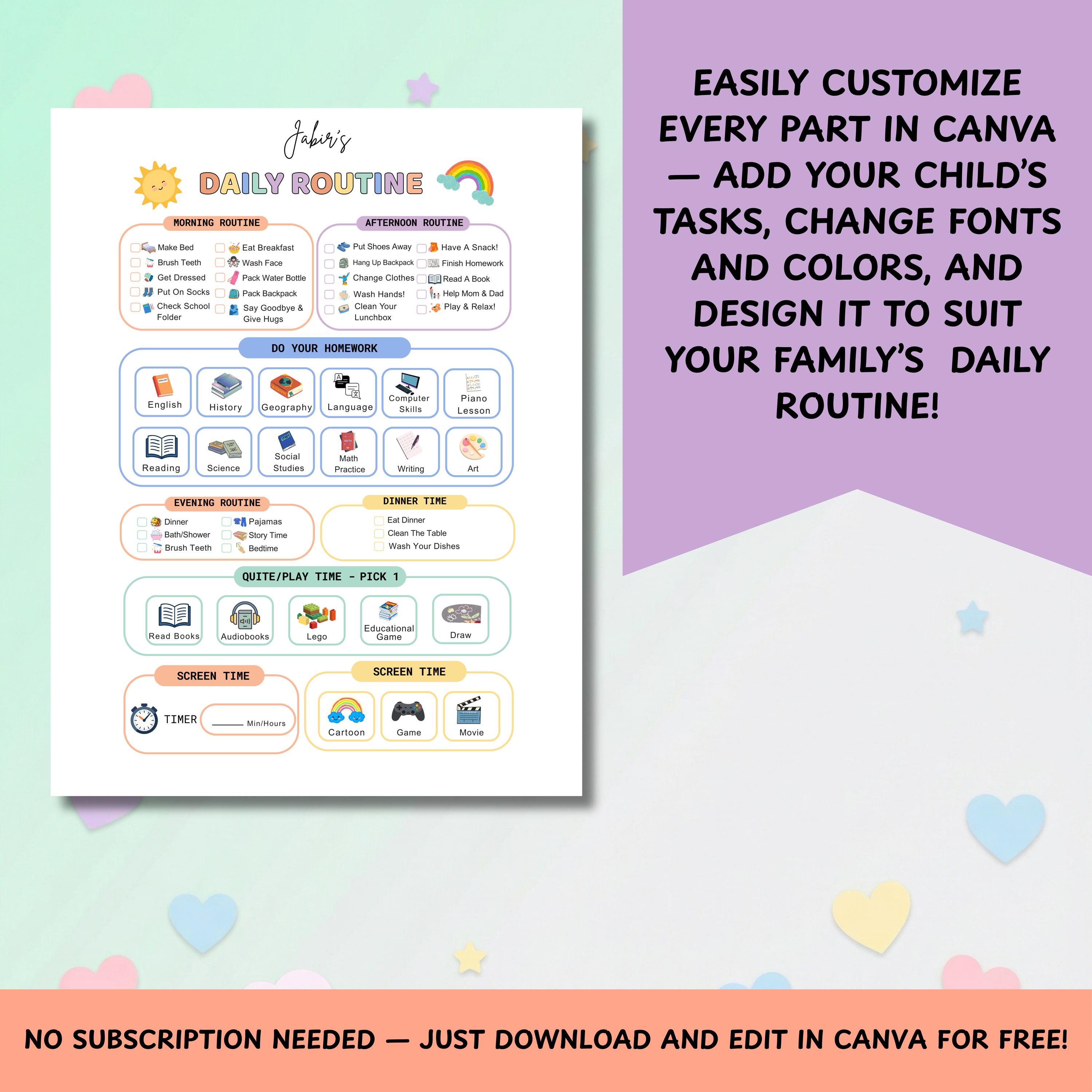 Editable Daily Routine Chart for Kids, Toddler Daily Chore Chart ...