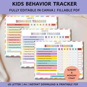 Puede incluir: Tres plantillas coloridas de seguimiento del comportamiento infantil con el texto "KIDS BEHAVIOR TRACKER" y "JABIR'S BEHAVIOR TRACKER". Los rastreadores están diseñados para ser totalmente editables en Canva y archivos PDF rellenables, con secciones para rastrear comportamientos diarios y recompensas.