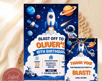 Space Birthday Party Invitation, Galaxy Space Theme Birthday Invite, Astronaut Outer Space Theme Invitation, Galaxy Blast Off  Party Invite