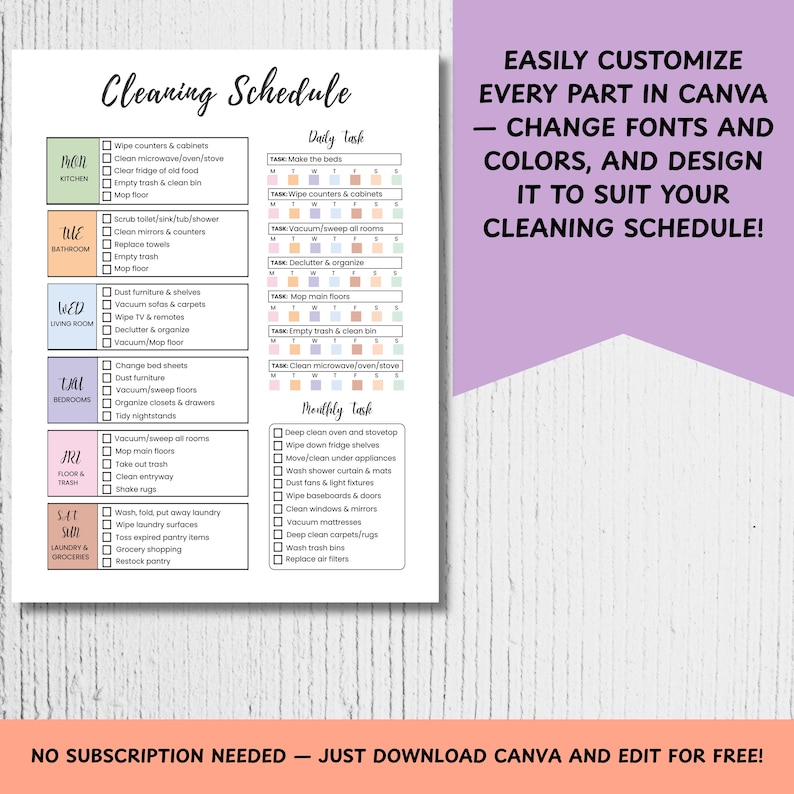 Editable Cleaning Schedule Checklist Printable, ADHD Daily Weekly ...