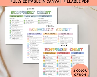 Editable Schoolday checklist for kids, Printable Kids Chore & Responsibility Chart, Kids Before School, After School, Before Bed Routine PDF